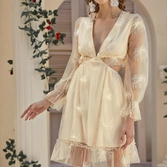 NEW! Mesh Floral Lace Plunging Neck Cut Out Lace Up Dress - Picture 2 of 8